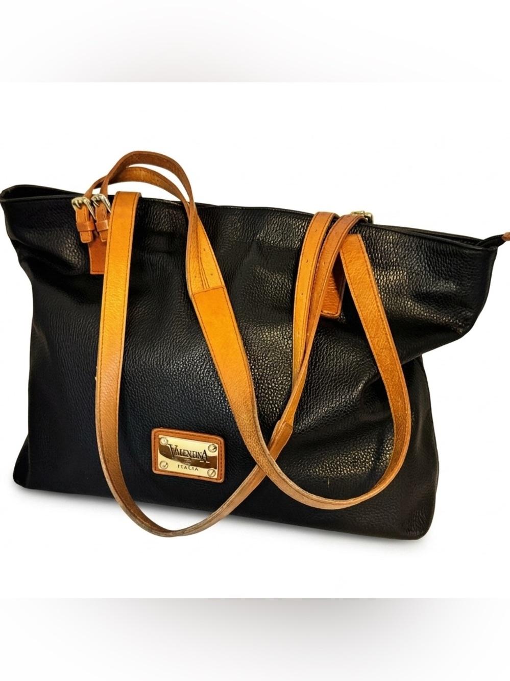 Valentina Italia Black Pebbled Leather Shopper Tote Bag Made in Italy